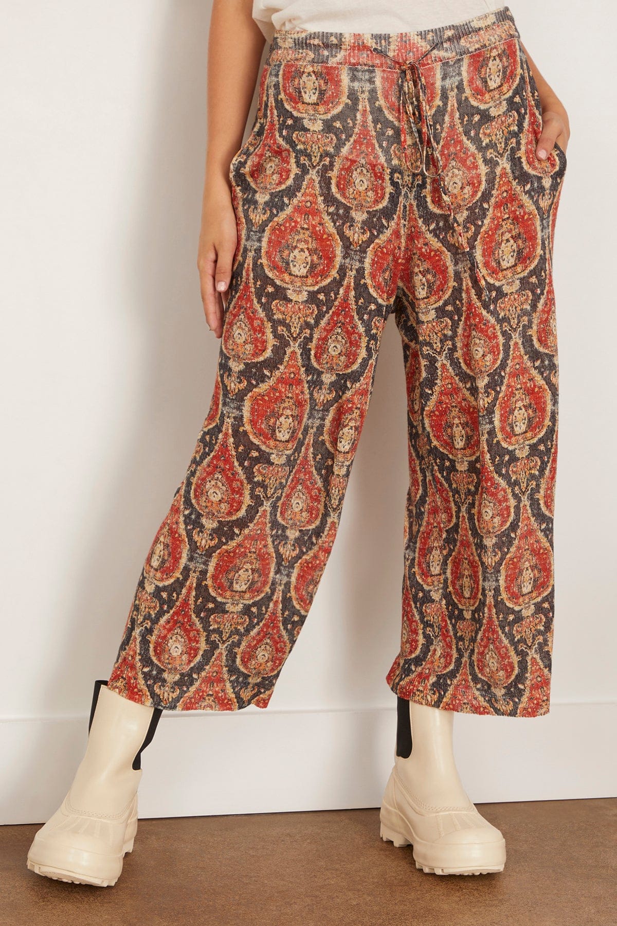 R13 Printed Cropped Wide Leg Sweater Pants in Black/Red Multicolor