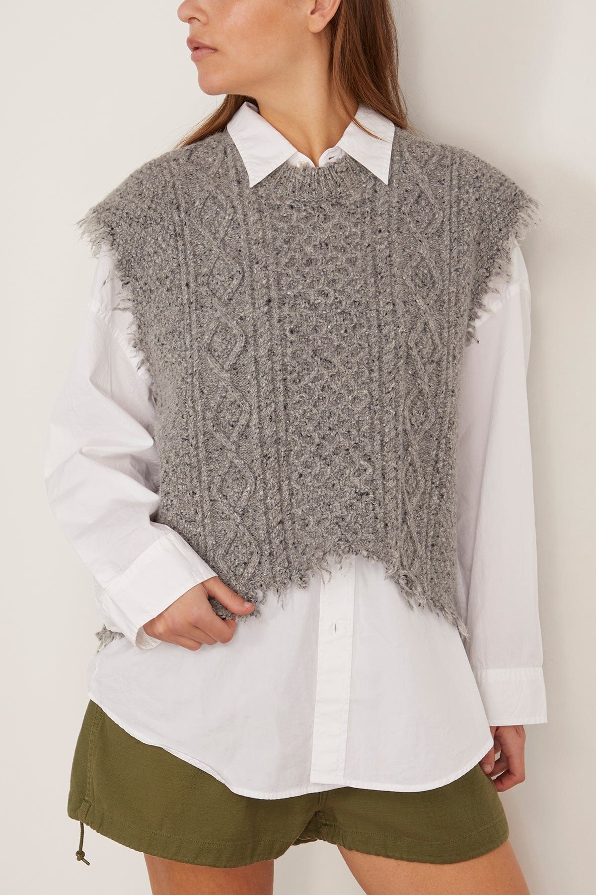 R13 Boyfriend Cable Sweater Vest in Heather Grey Tweed
