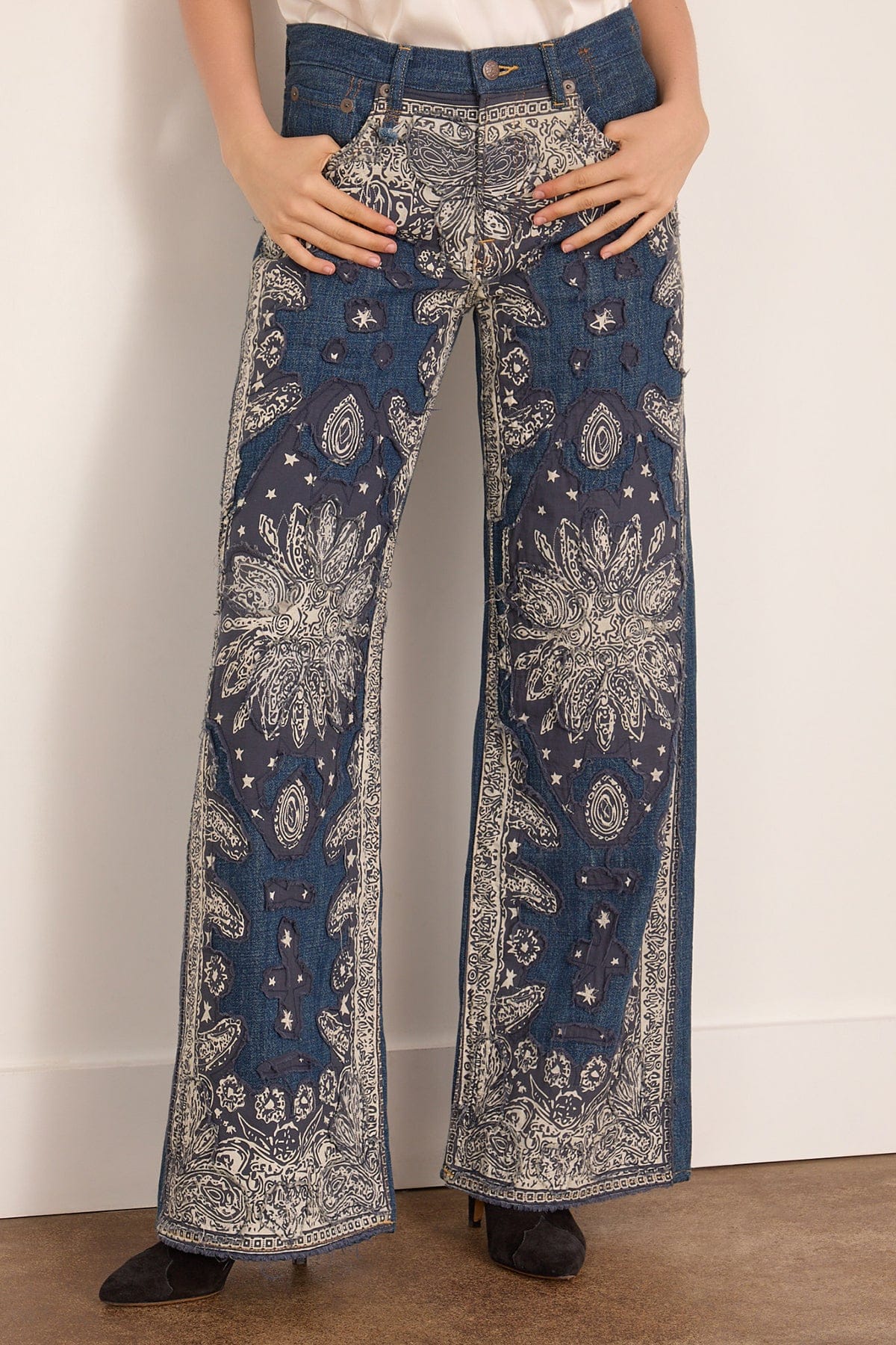R13 D'Arcy Flare Jean in Blue Bandana Applique