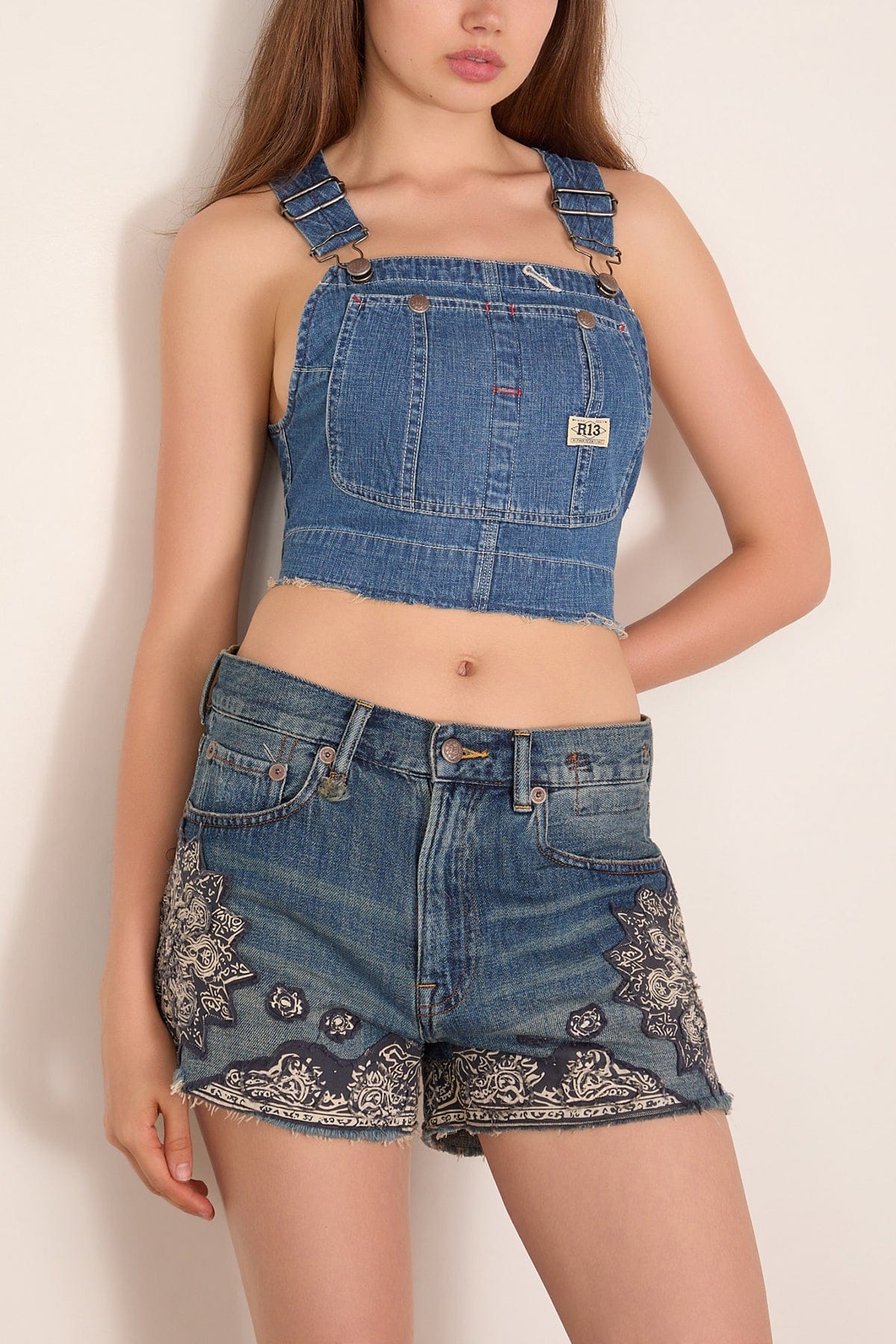 R13 Overall Bib Bustier in Noise Blue