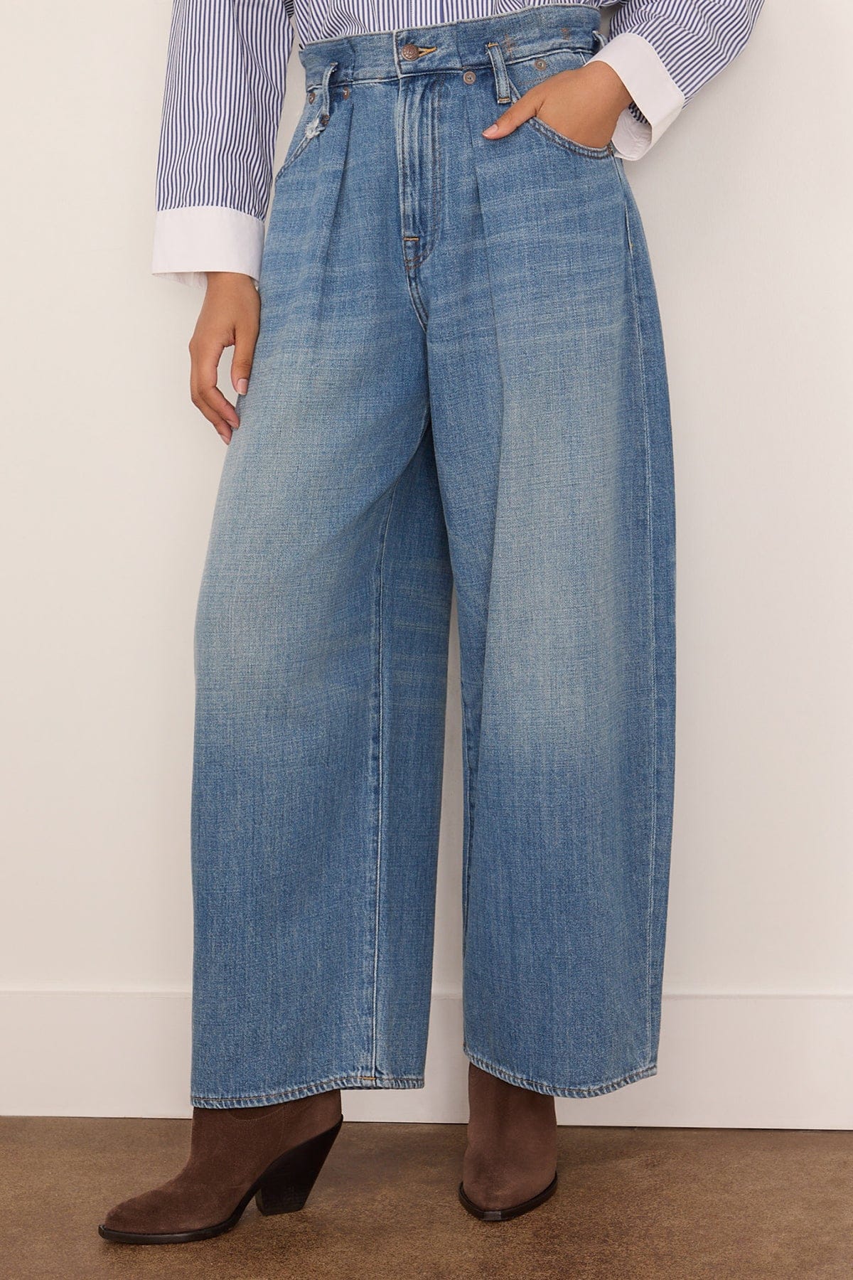 R13 Pleated Waistband Jean in Concrete Blue