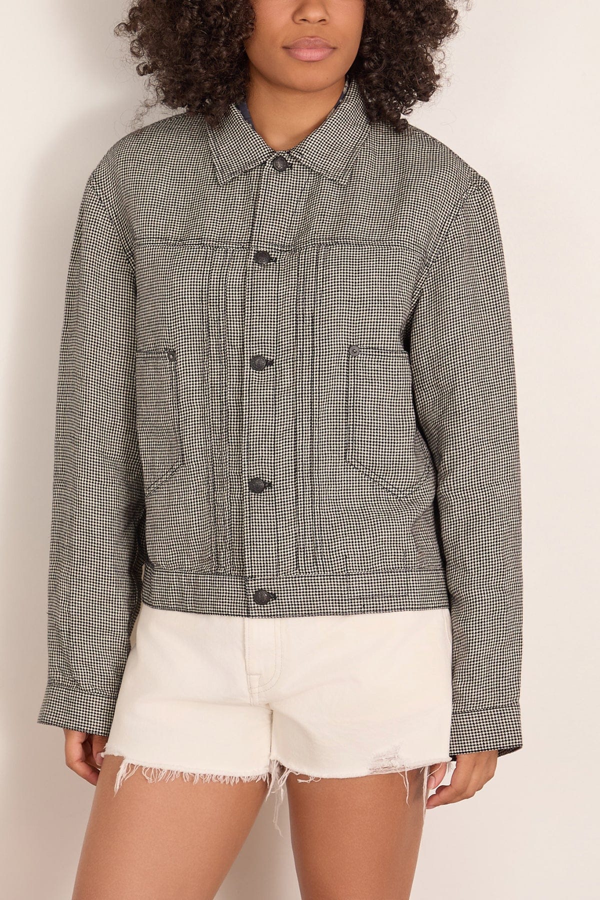 R13 Relaxed Pleated Trucker Jacket in Black and White Houndstooth