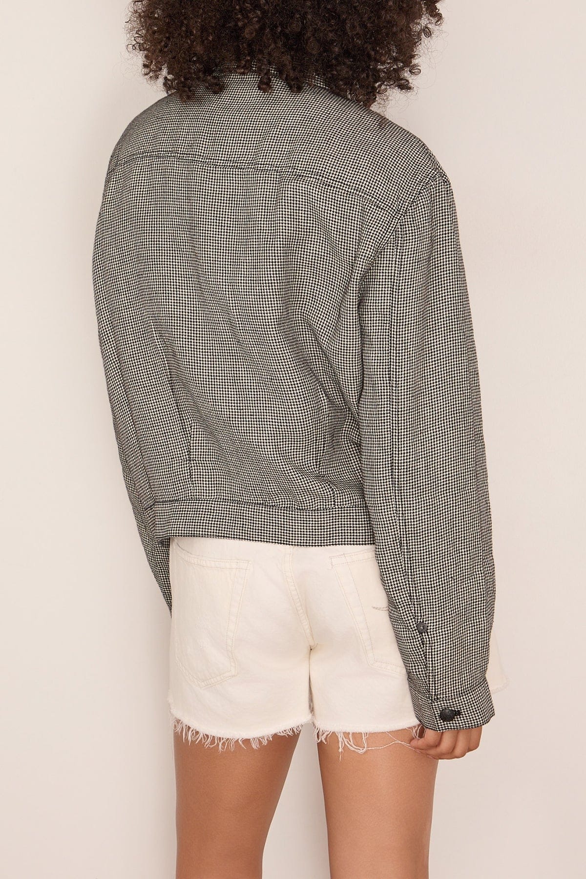 R13 Relaxed Pleated Trucker Jacket in Black and White Houndstooth