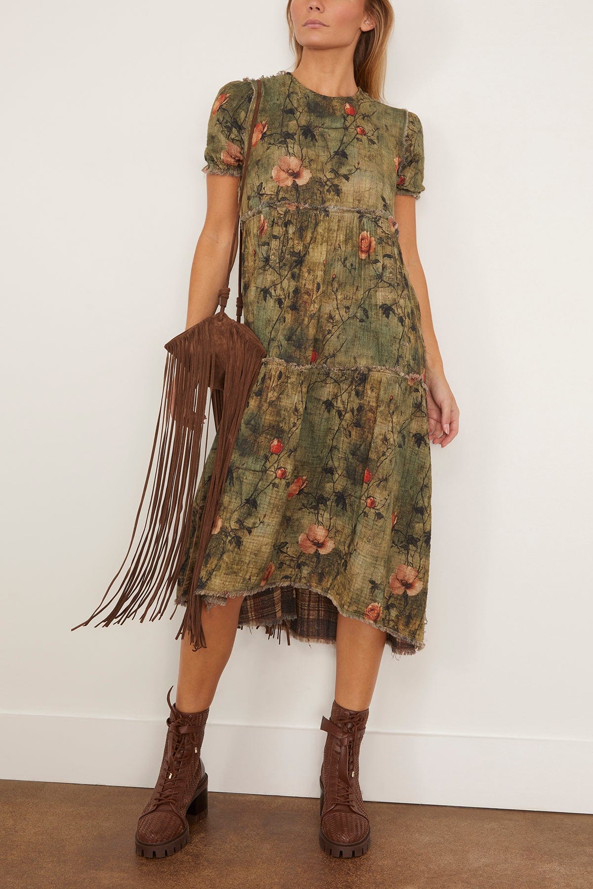 R13 Reversible Shredded Relaxed Midi Dress in Plaid with Turquoise Floral