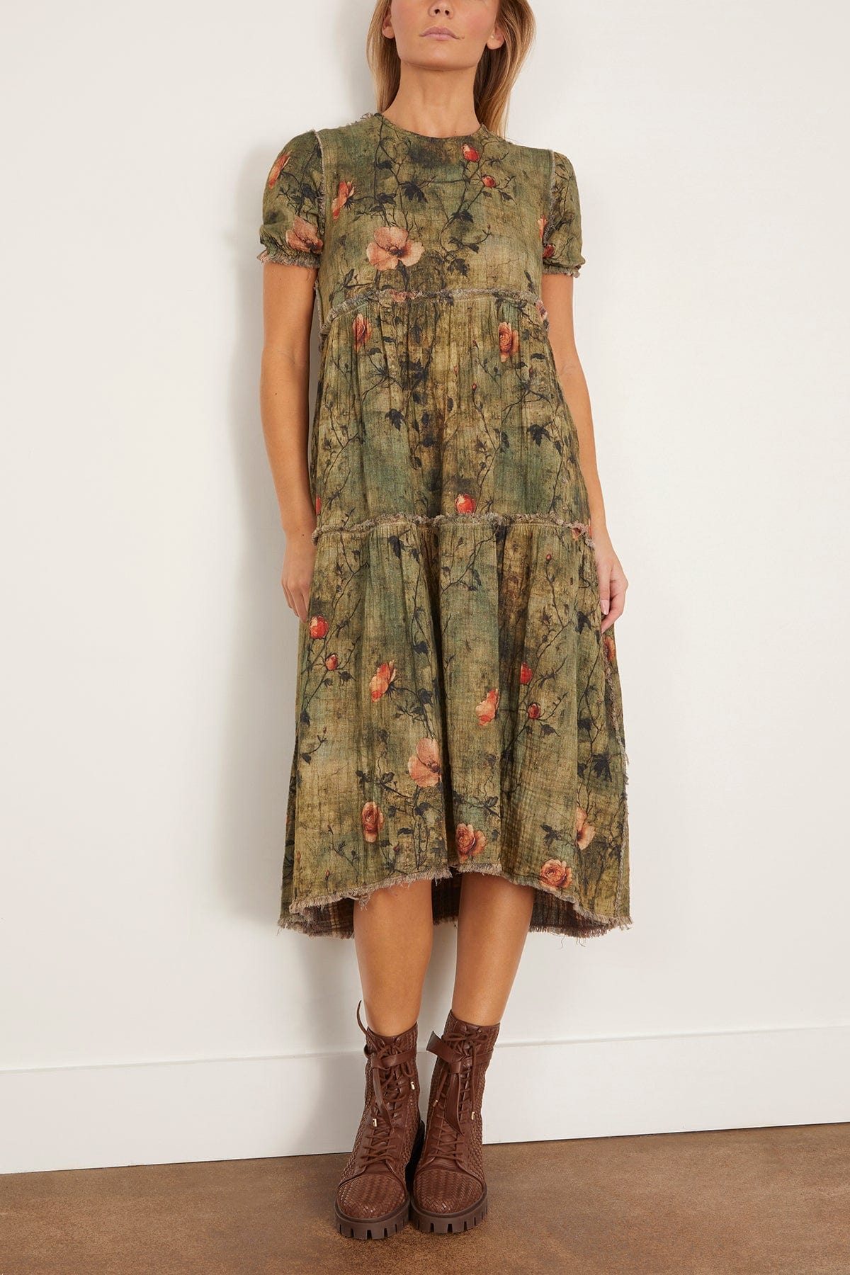 R13 Reversible Shredded Relaxed Midi Dress in Plaid with Turquoise Floral