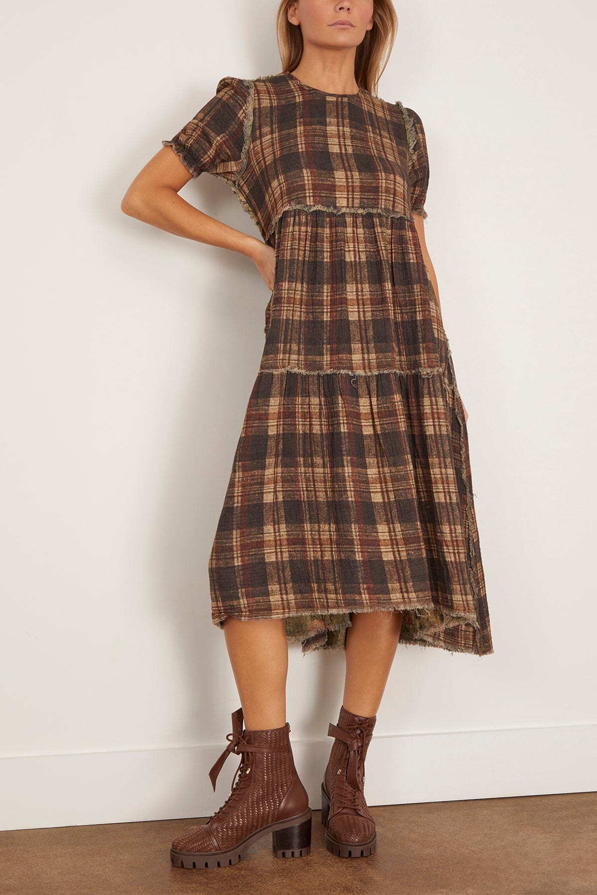 R13 Reversible Shredded Relaxed Midi Dress in Plaid with Turquoise Floral