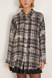 R13 Shredded Seam Drop Neck Shirt in Black Plaid with Splatter