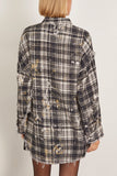 R13 Shredded Seam Drop Neck Shirt in Black Plaid with Splatter