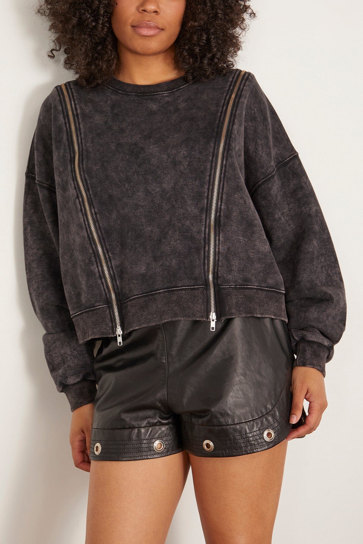 R13 Zippered Crewneck Sweatshirt in Washed Black