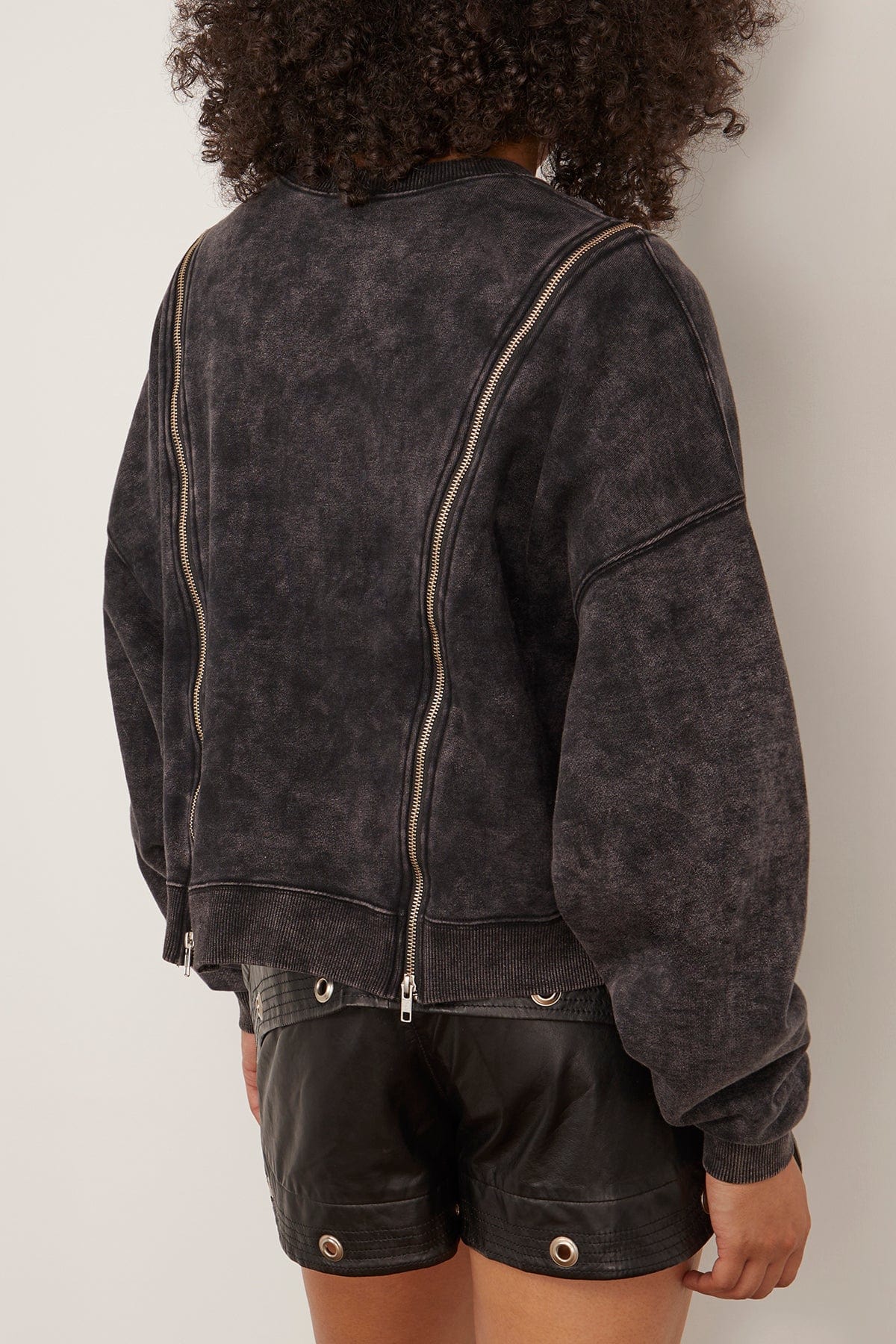 R13 Zippered Crewneck Sweatshirt in Washed Black