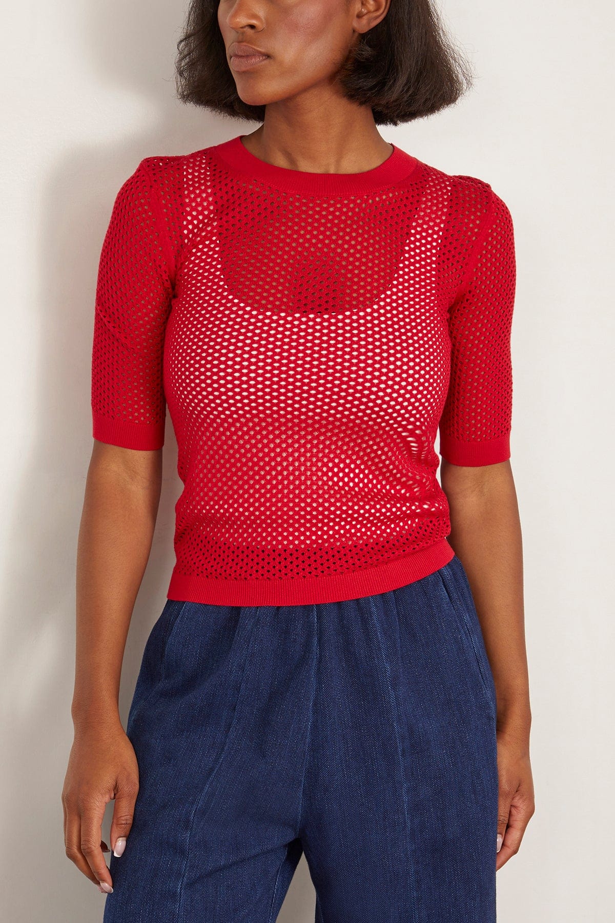 Rosetta Getty Mesh Cropped Sleeve Sweater in Red