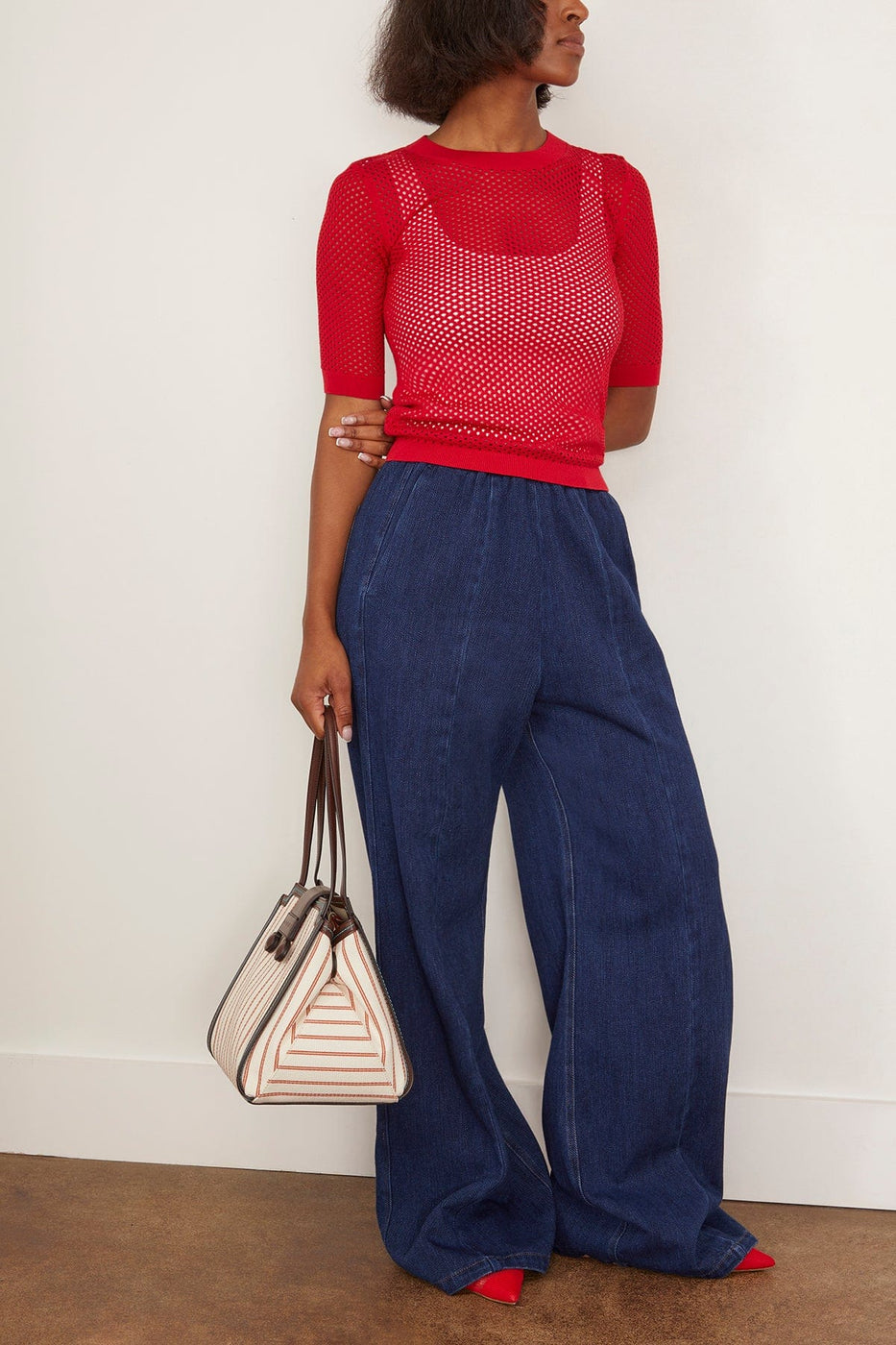 Rosetta Getty Mesh Cropped Sleeve Sweater in Red