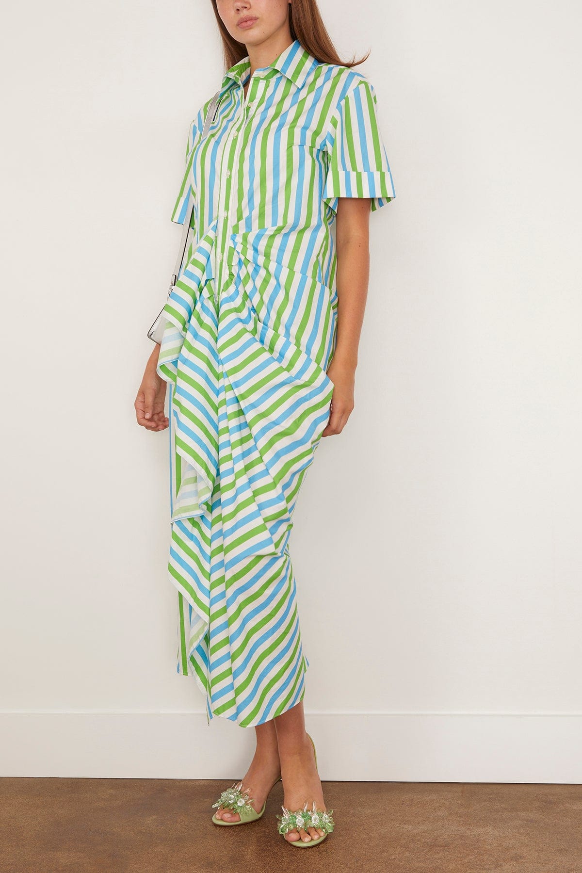 Rosie Assoulin Women's Gathered Ruffle Shirt Dress, Blue/Green Stripe, Cotton | Size: 2 | St. Bernard Rosie Assoulin Women's Gathered Ruffle Shirt Dress, Blue/Green Stripe, Cotton | Size: 2 | St. Bernard