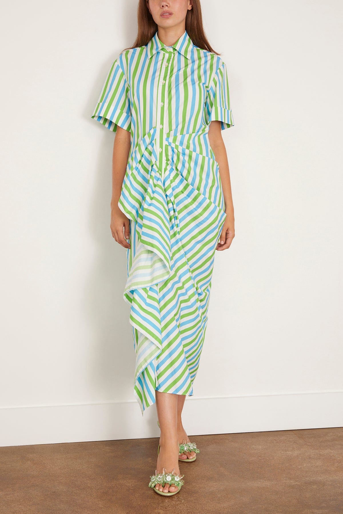 Rosie Assoulin Women's Gathered Ruffle Shirt Dress, Blue/Green Stripe, Cotton | Size: 2 | St. Bernard Rosie Assoulin Women's Gathered Ruffle Shirt Dress, Blue/Green Stripe, Cotton | Size: 2 | St. Bernard