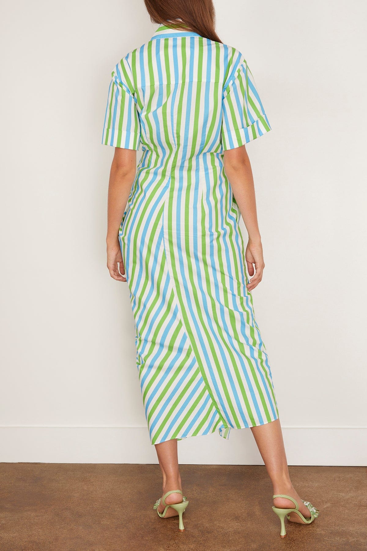 Rosie Assoulin Women's Gathered Ruffle Shirt Dress, Blue/Green Stripe, Cotton | Size: 2 | St. Bernard Rosie Assoulin Women's Gathered Ruffle Shirt Dress, Blue/Green Stripe, Cotton | Size: 2 | St. Bernard