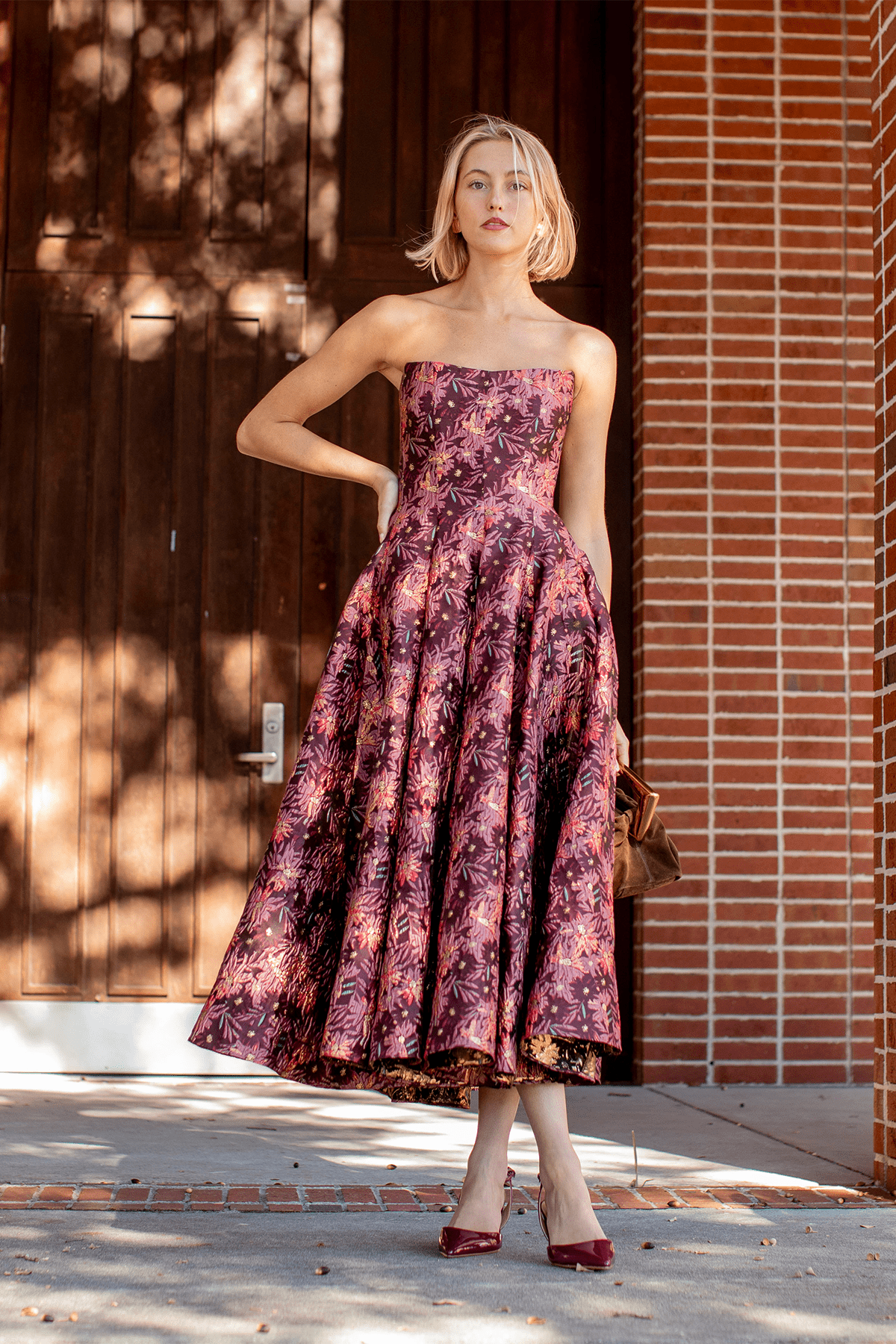 Markarian Rousseau Floral Brocade Midi Dress in Burgundy Metallic Daisy