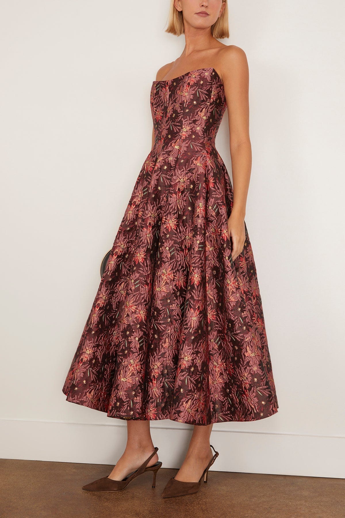 Markarian Rousseau Floral Brocade Midi Dress in Burgundy Metallic Daisy
