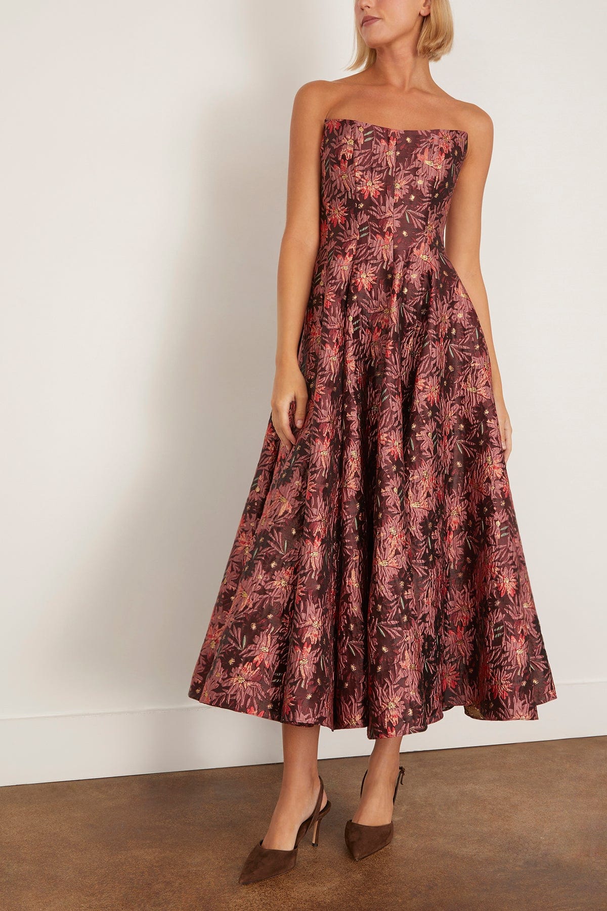 Markarian Rousseau Floral Brocade Midi Dress in Burgundy Metallic Daisy