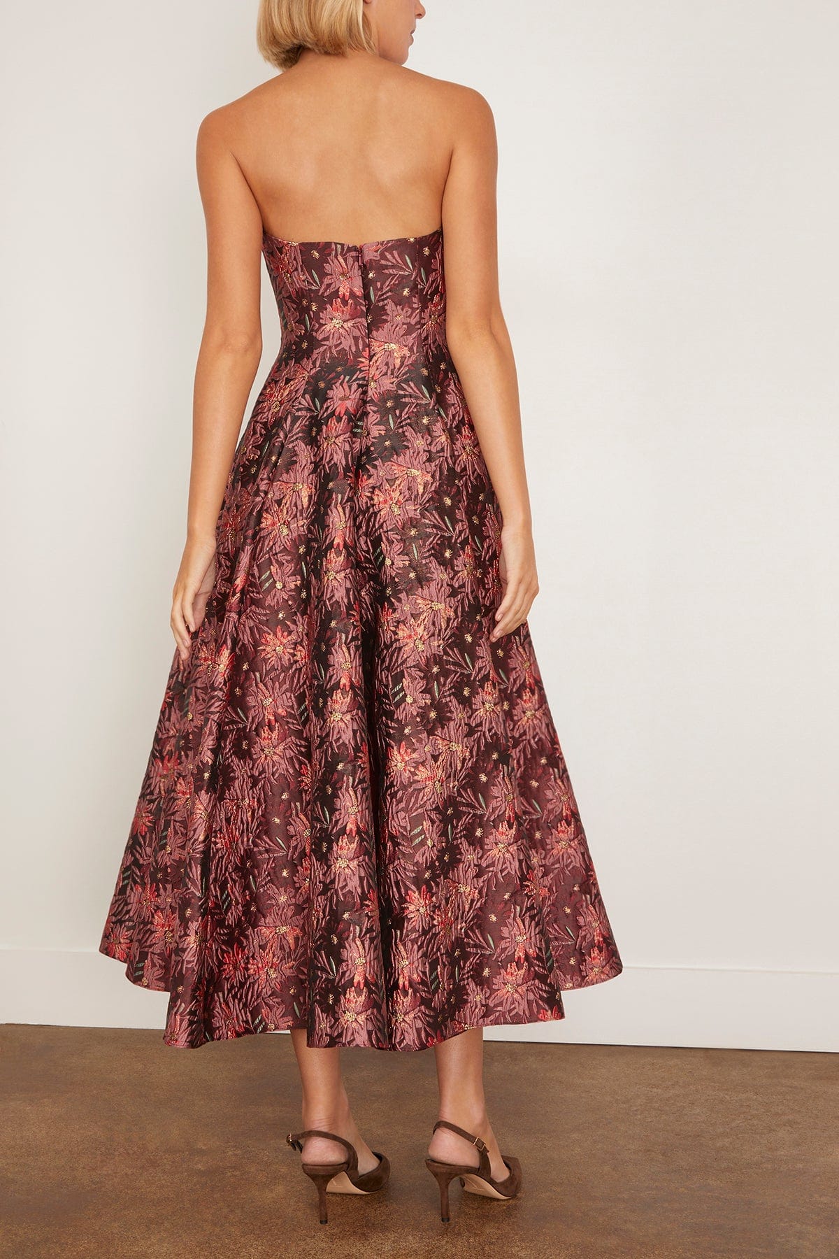 Markarian Rousseau Floral Brocade Midi Dress in Burgundy Metallic Daisy