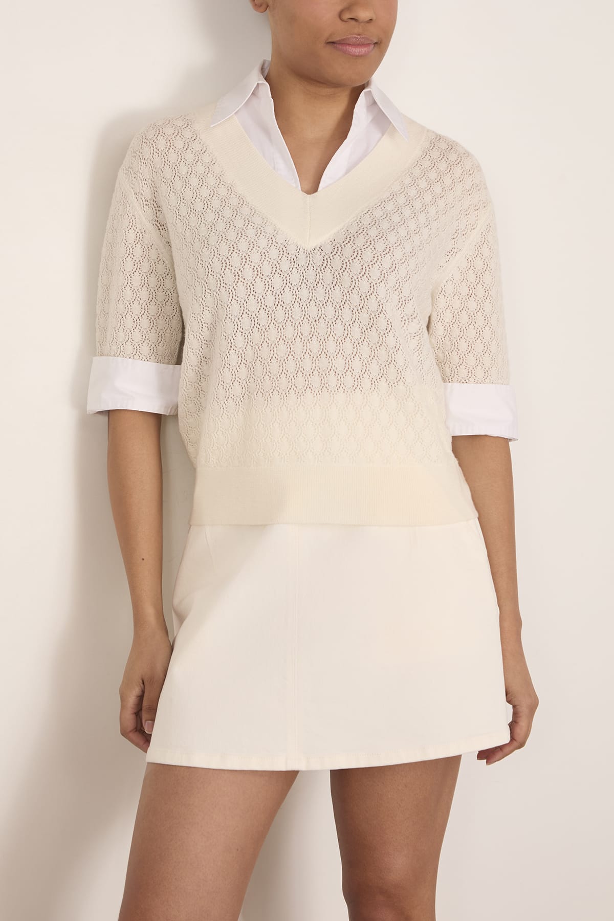 Tanya Taylor Esme Pointelle Knit Top in Cream