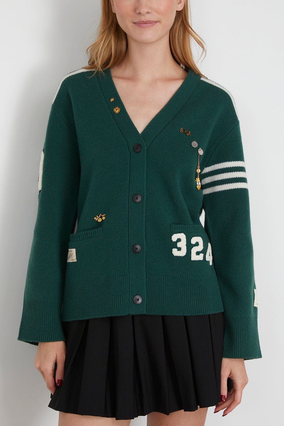 Sea Arther Varsity Knit Cardigan in Pine