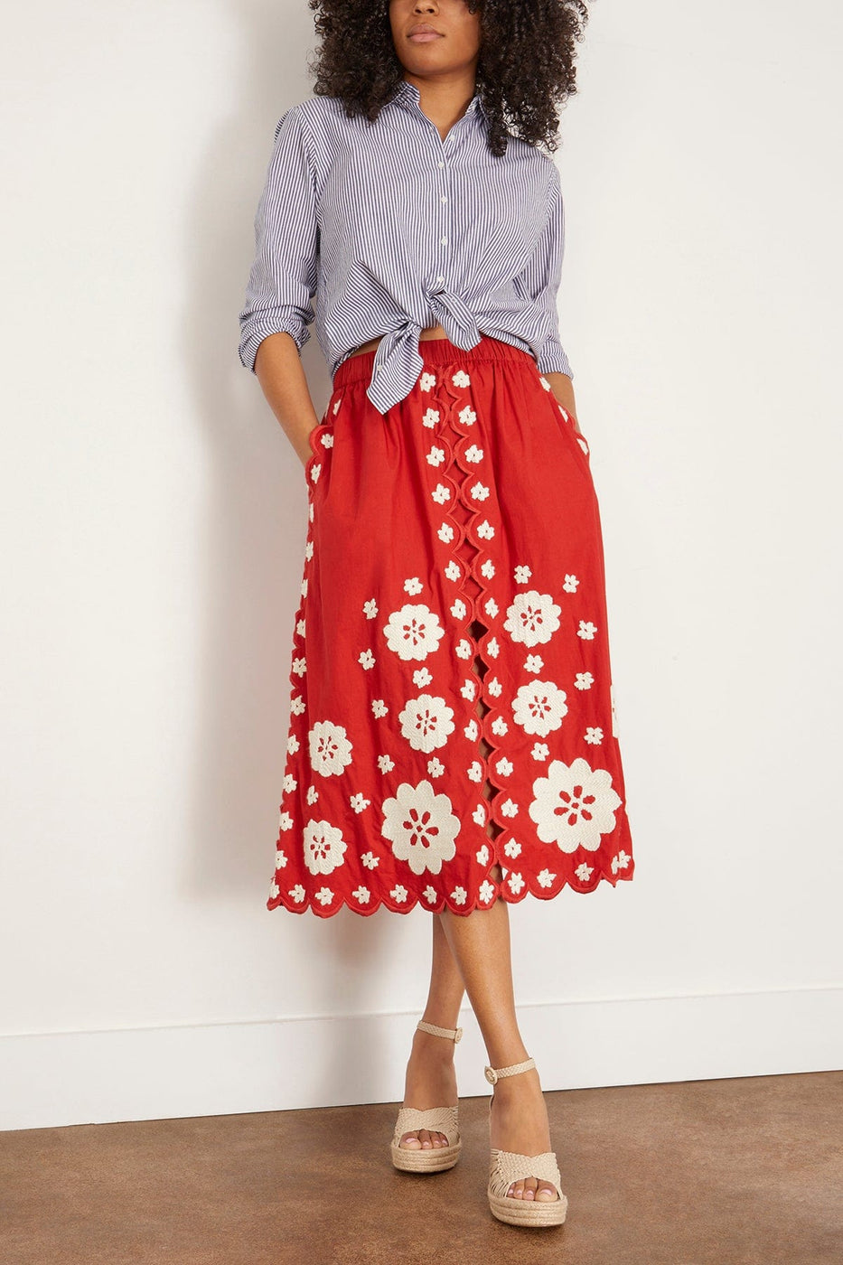 Sea Skirts Catrine Applique Midi Scallop Skirt in Red Catrine Applique Midi Scallop Skirt in Red