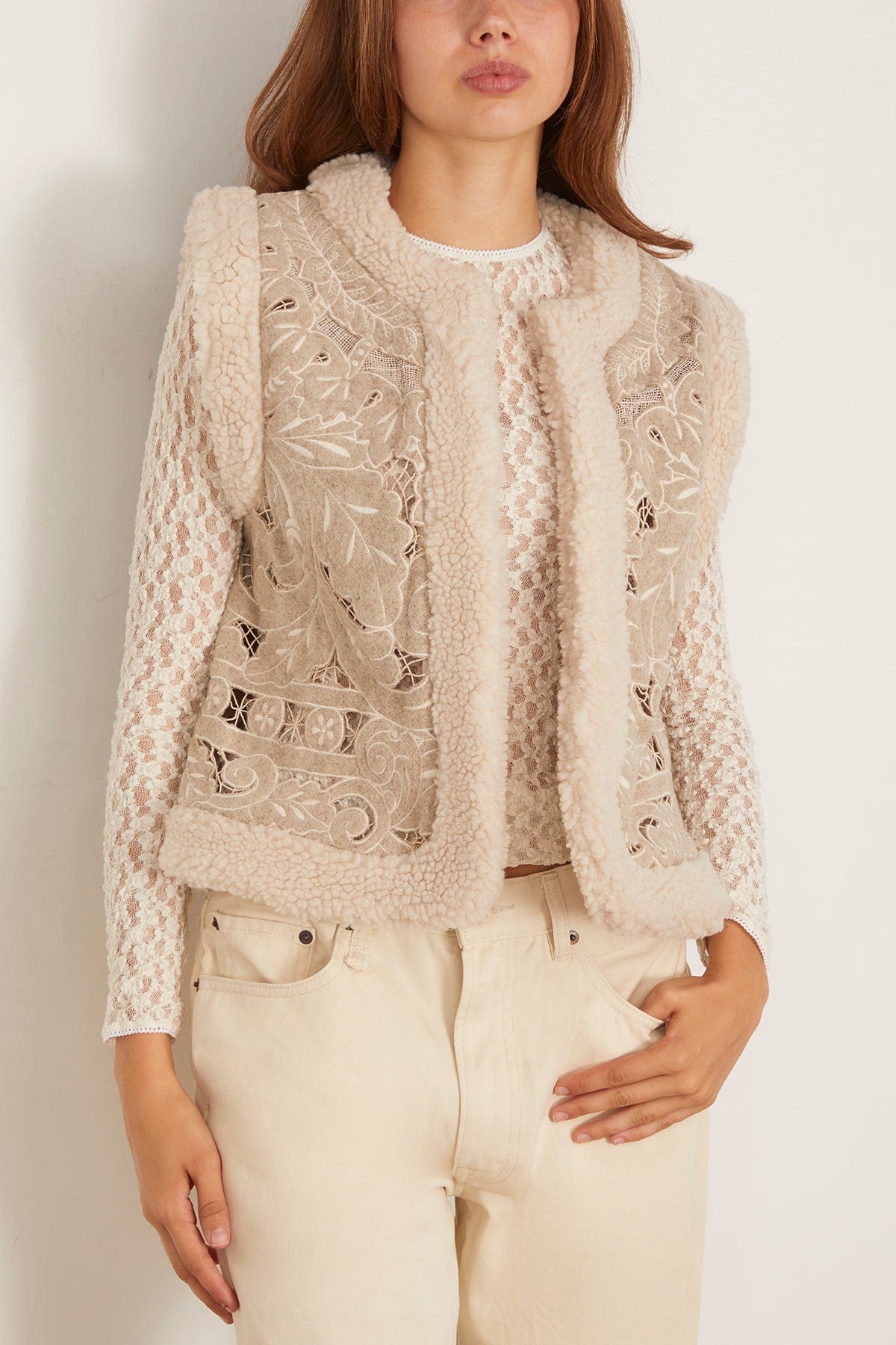 Sea Ceci Embroidery Felt Vest in Oatmeal