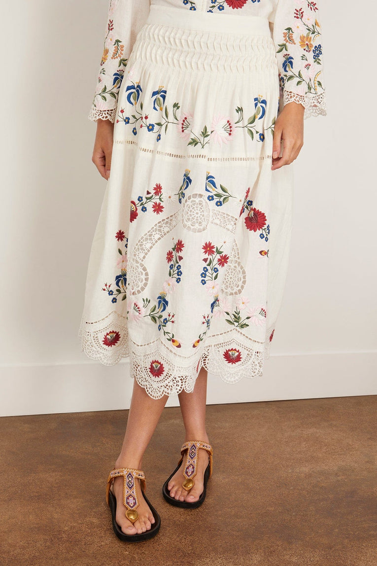 Sea Celia Embroidery Midi Skirt in Cream