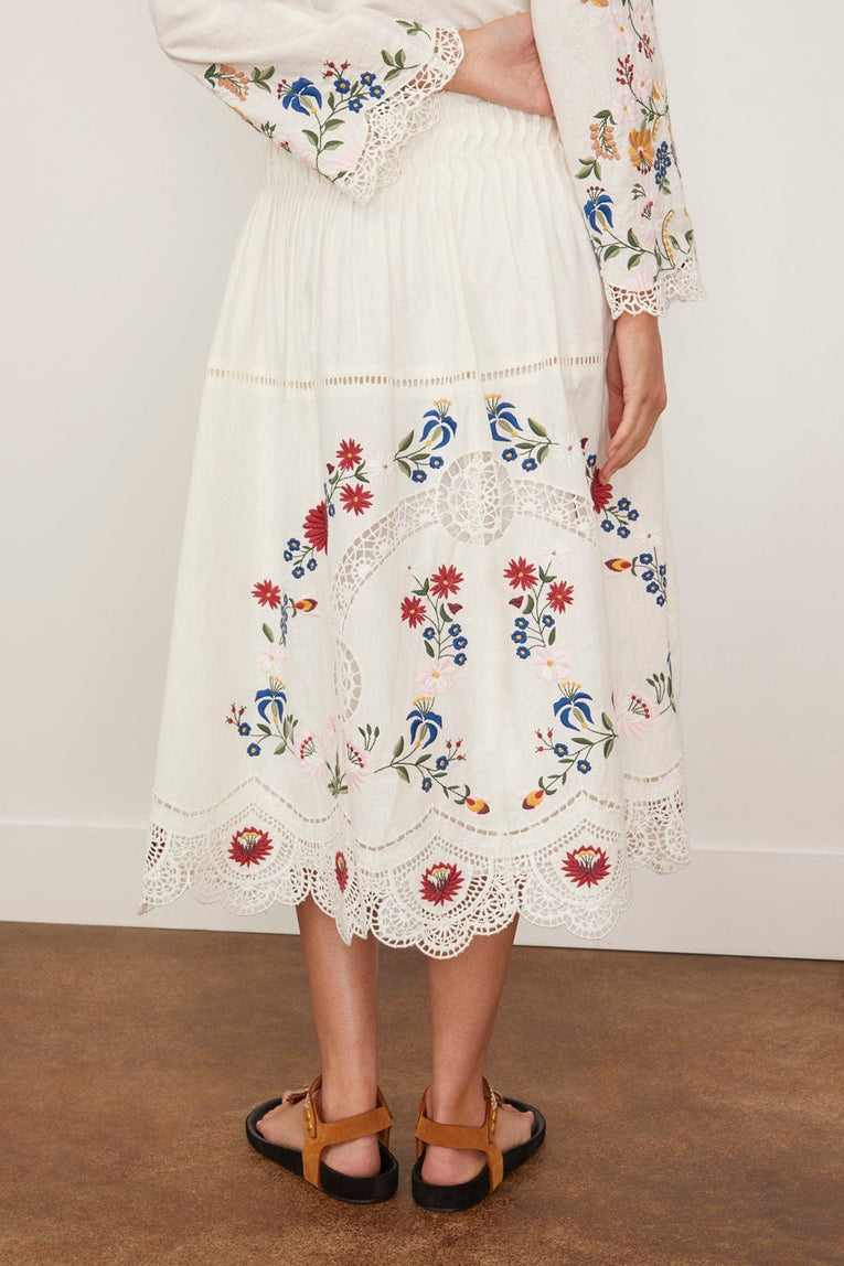 Sea Celia Embroidery Midi Skirt in Cream