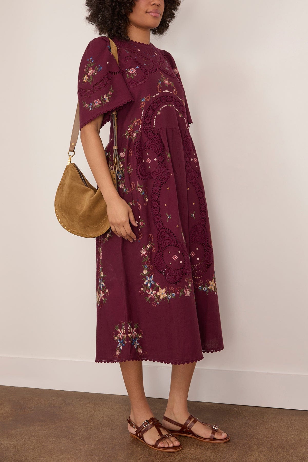 Sea Edwina Embroidered Short Sleeve Dress in Burgundy