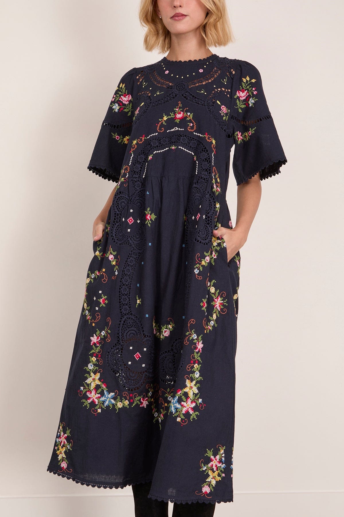Sea Edwina Embroidered Short Sleeve Dress in Navy