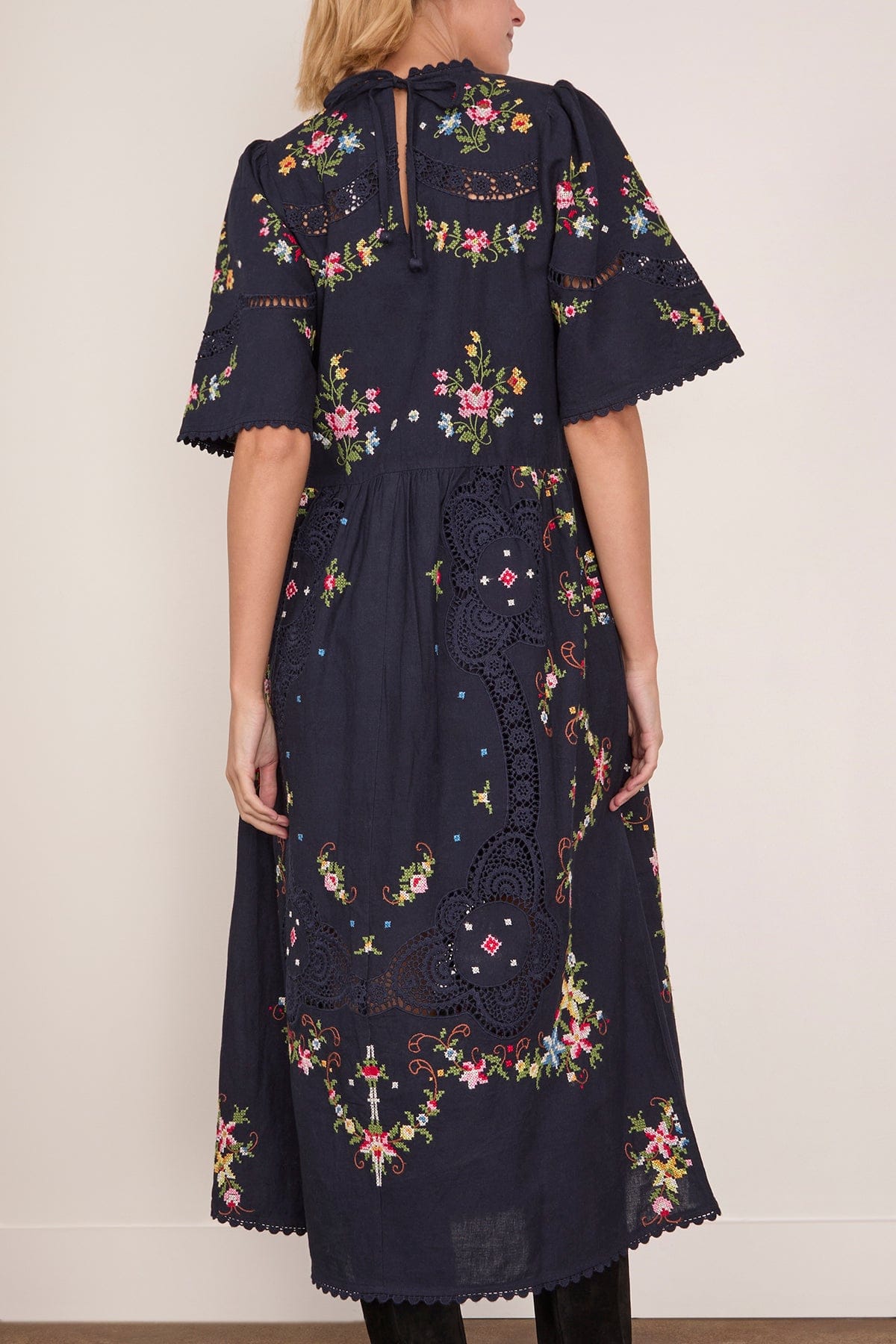 Sea Edwina Embroidered Short Sleeve Dress in Navy