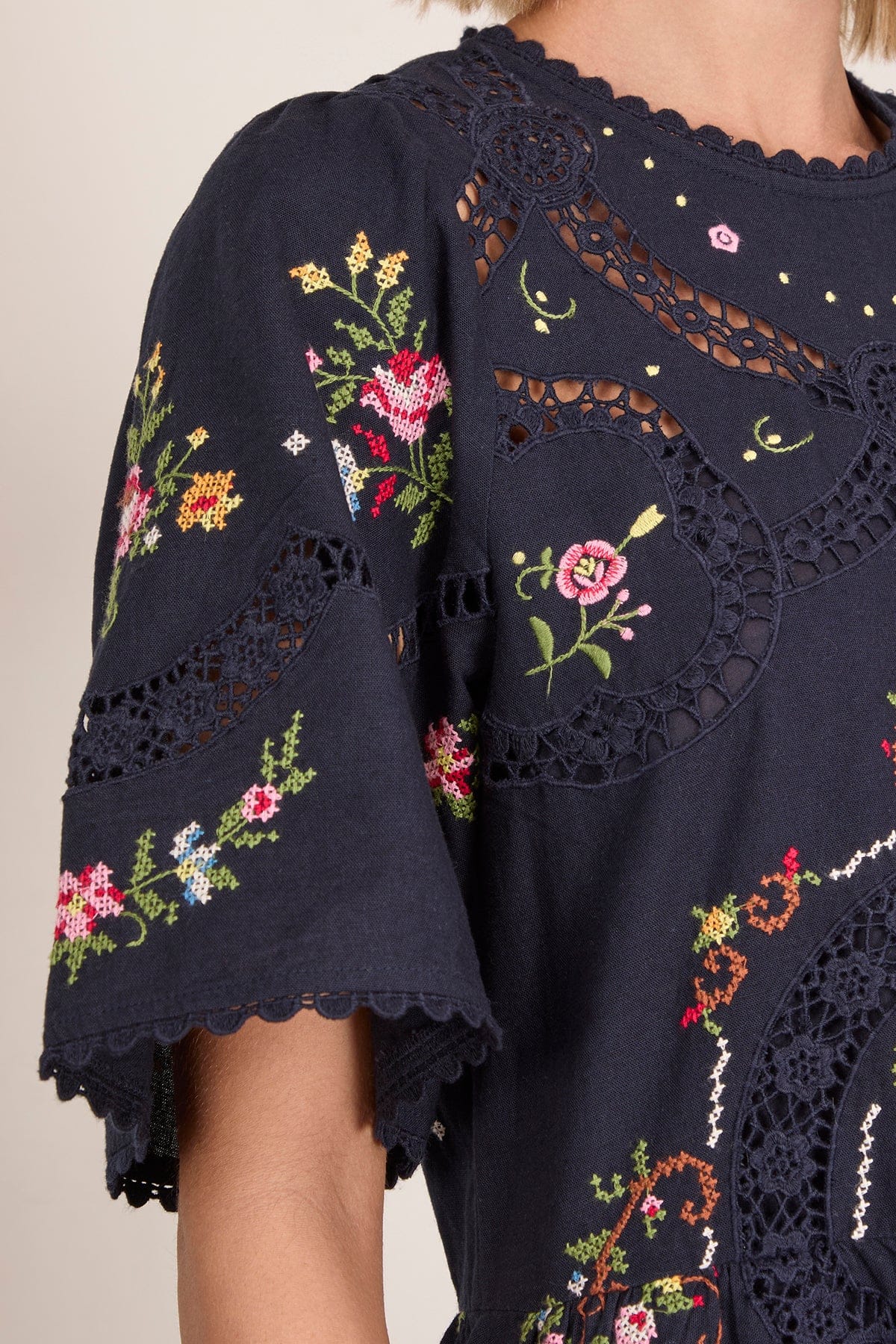 Sea Edwina Embroidered Short Sleeve Dress in Navy