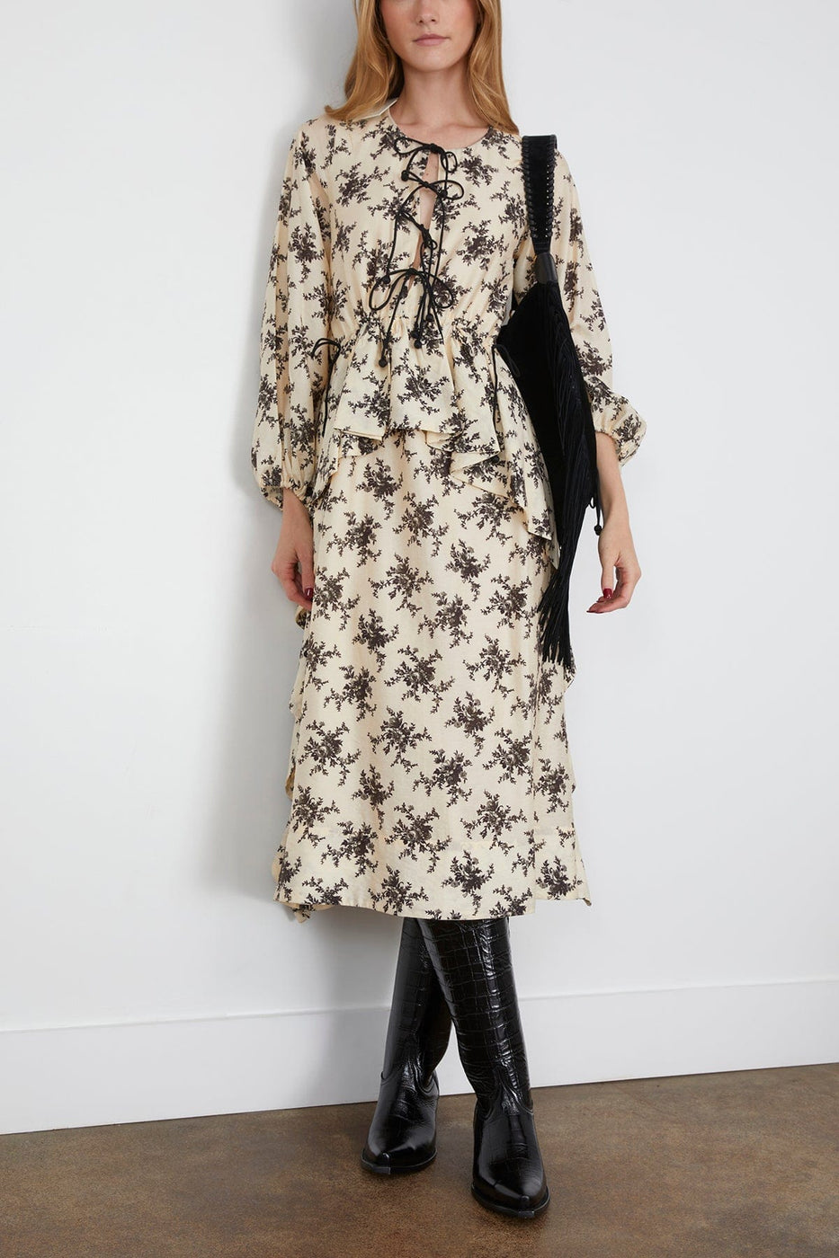 Sea Joan Print Tie Front Midi Dress in Cream