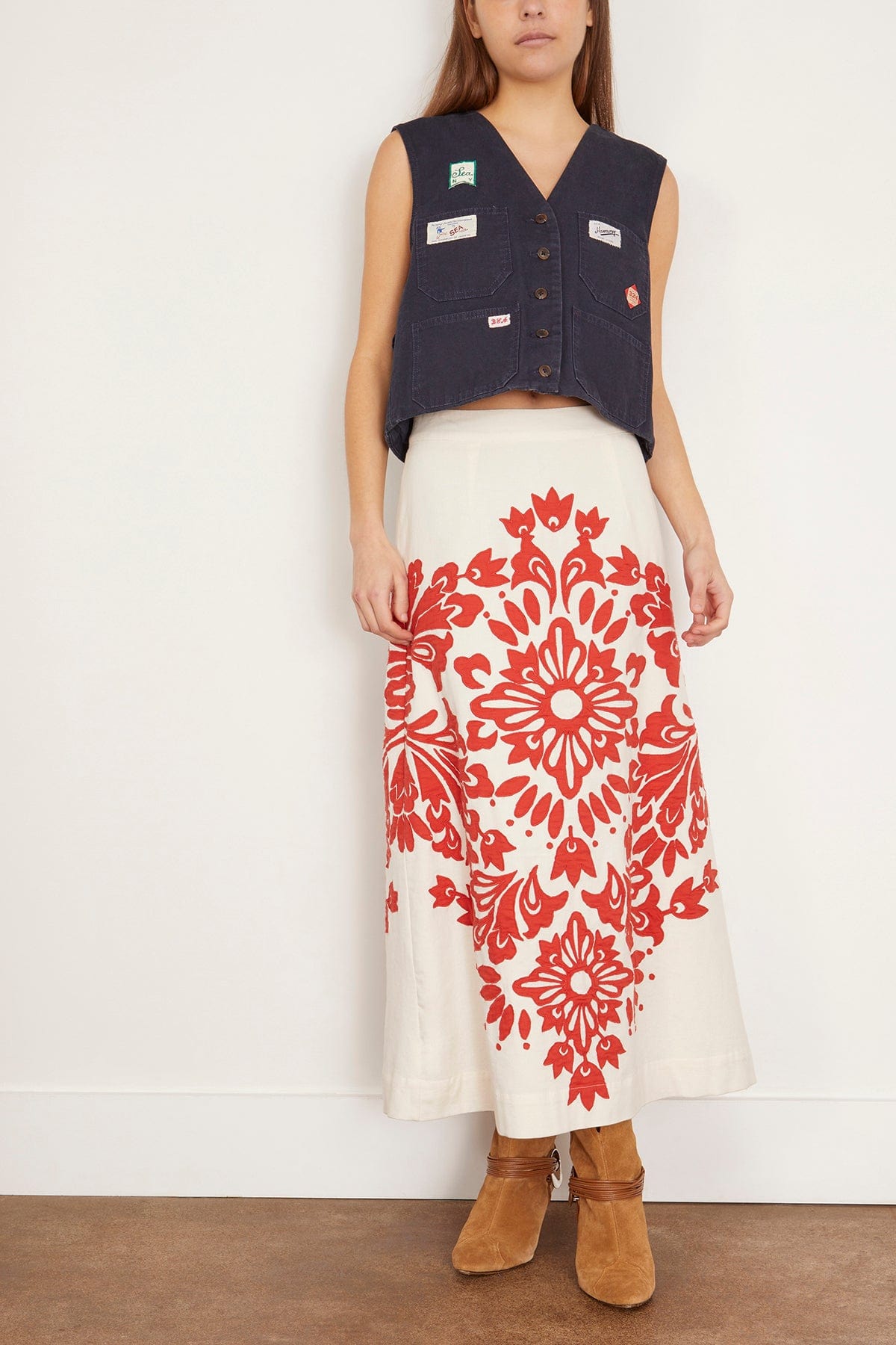 Sea Liliana Applique Midi Skirt in Red