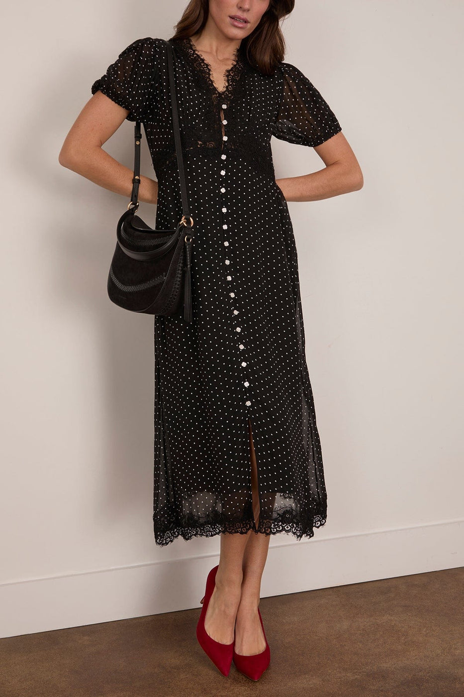 Sea Melody Polka Dot Puff Sleeve Dress in Black