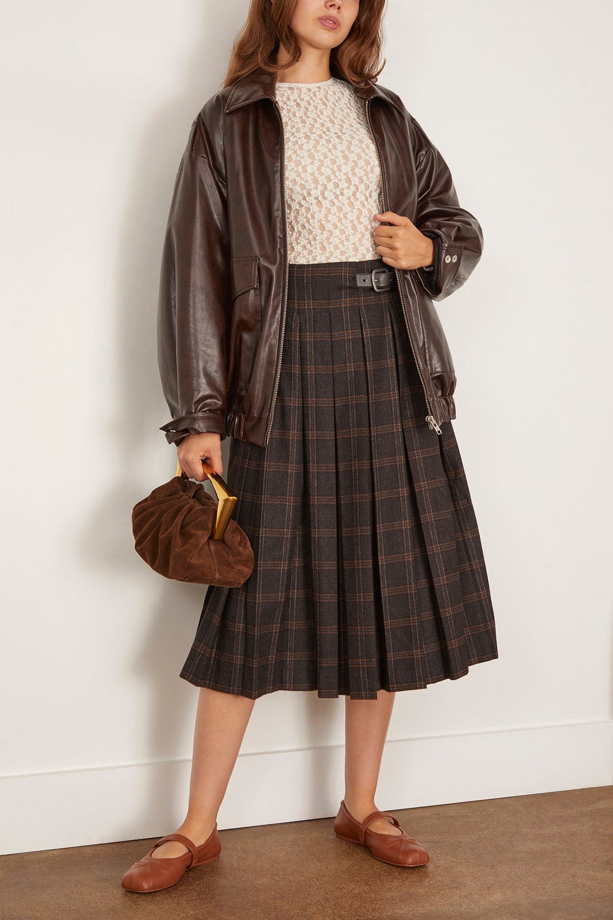 Sea Monroe Wool Plaid Belted Pleat Skirt in Multi