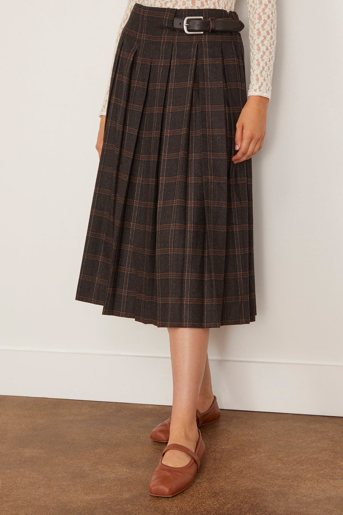 Sea Monroe Wool Plaid Belted Pleat Skirt in Multi