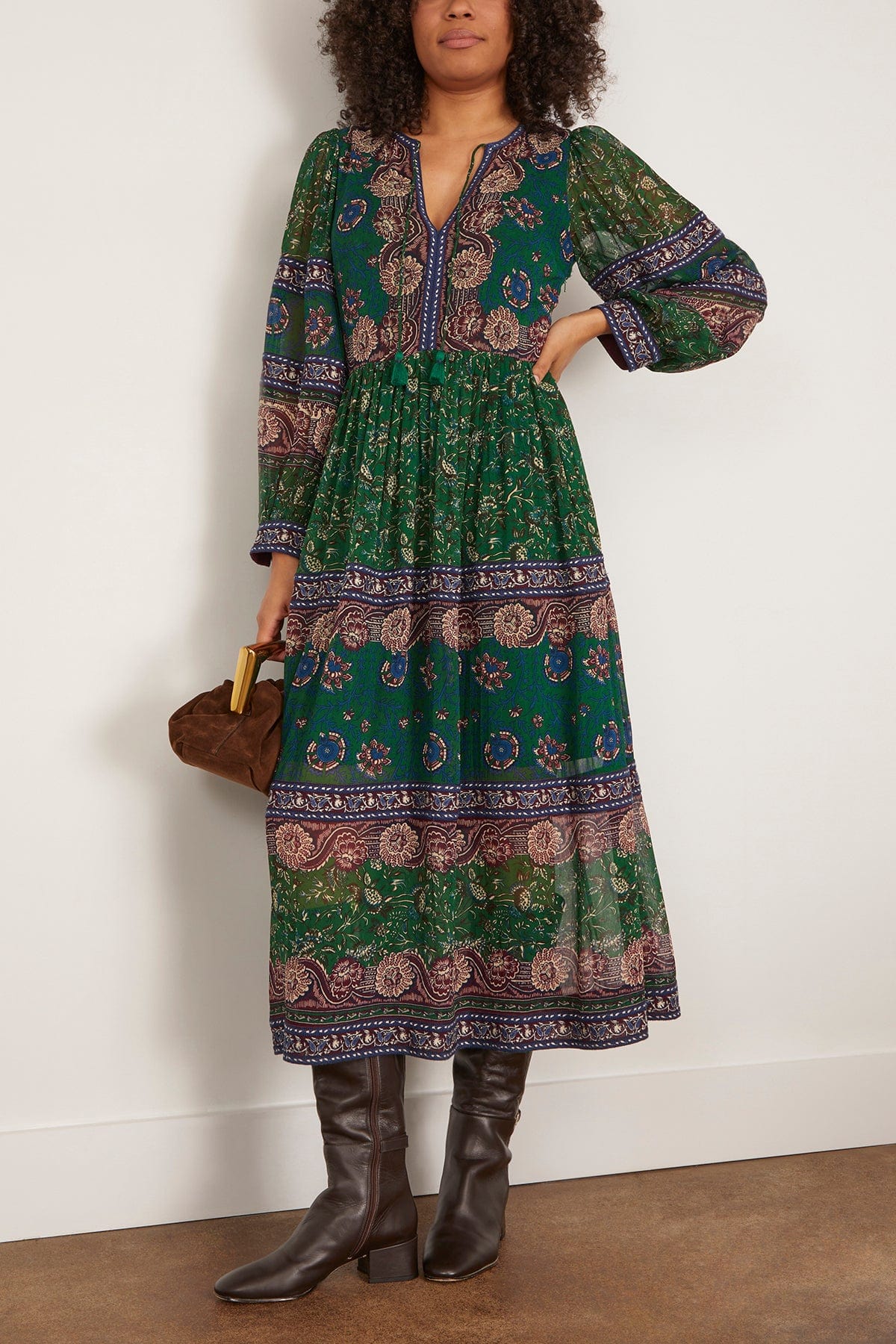 Sea Melba Print Long Sleeve Midi Dress in Green