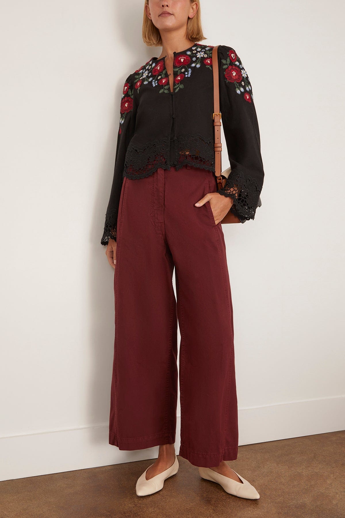 Sea Rosaline Embroidery Long Sleeve Button Up Top in Black