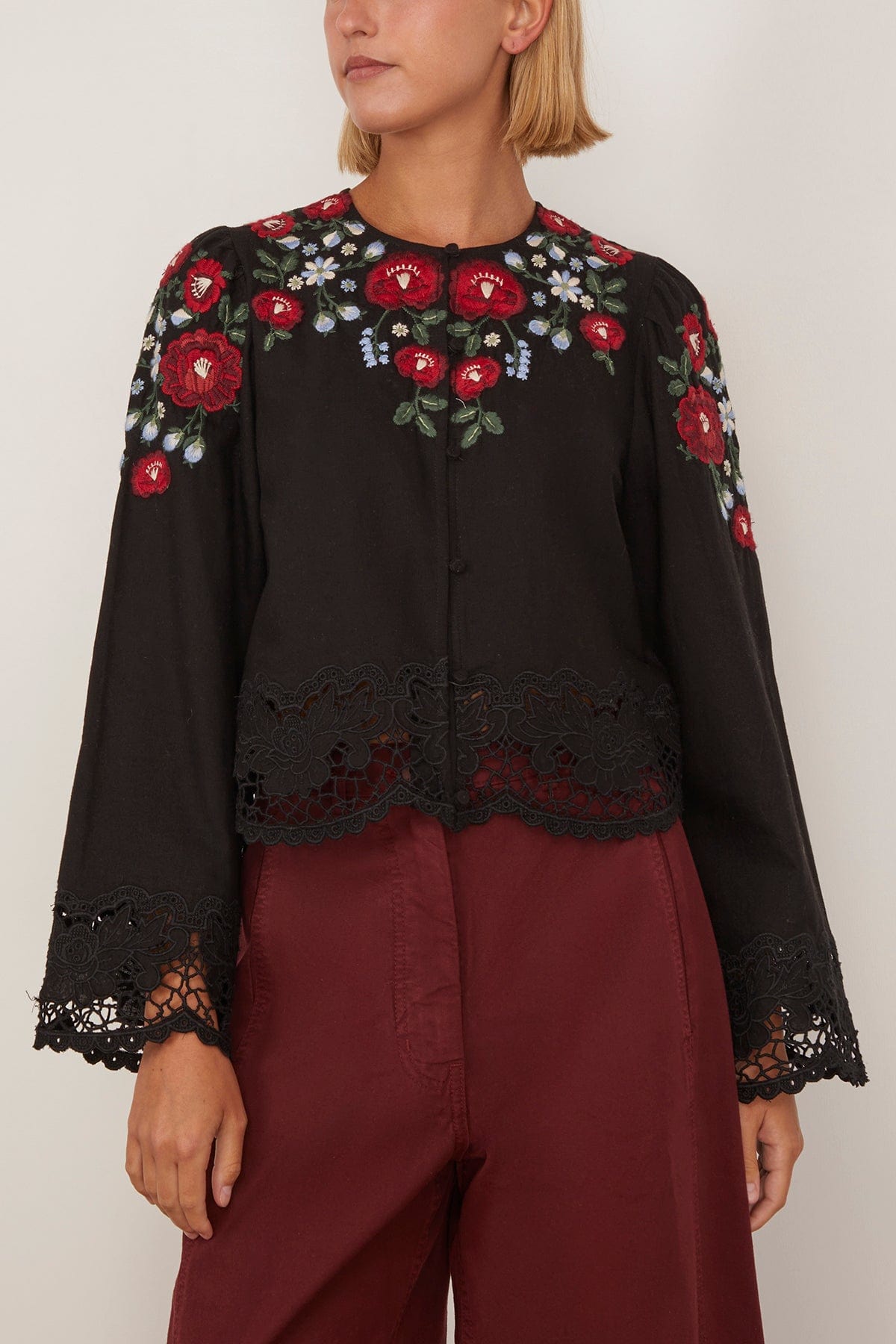 Sea Rosaline Embroidery Long Sleeve Button Up Top in Black
