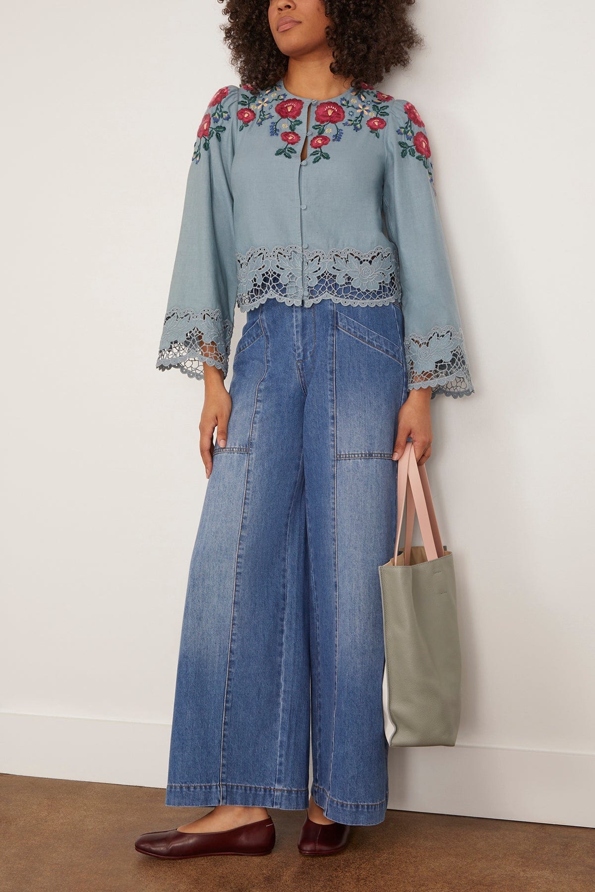 Sea Rosaline Embroidery Long Sleeve Button Up Top in Blue