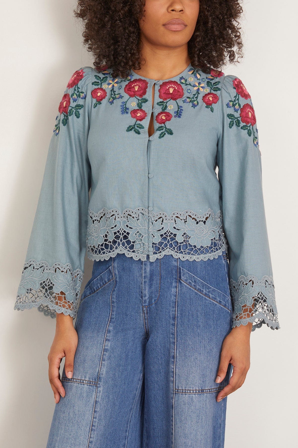Sea Rosaline Embroidery Long Sleeve Button Up Top in Blue