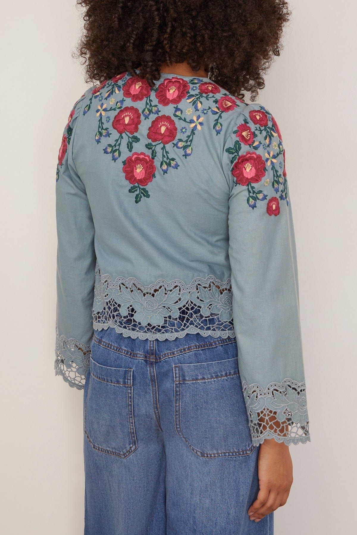 Sea Rosaline Embroidery Long Sleeve Button Up Top in Blue