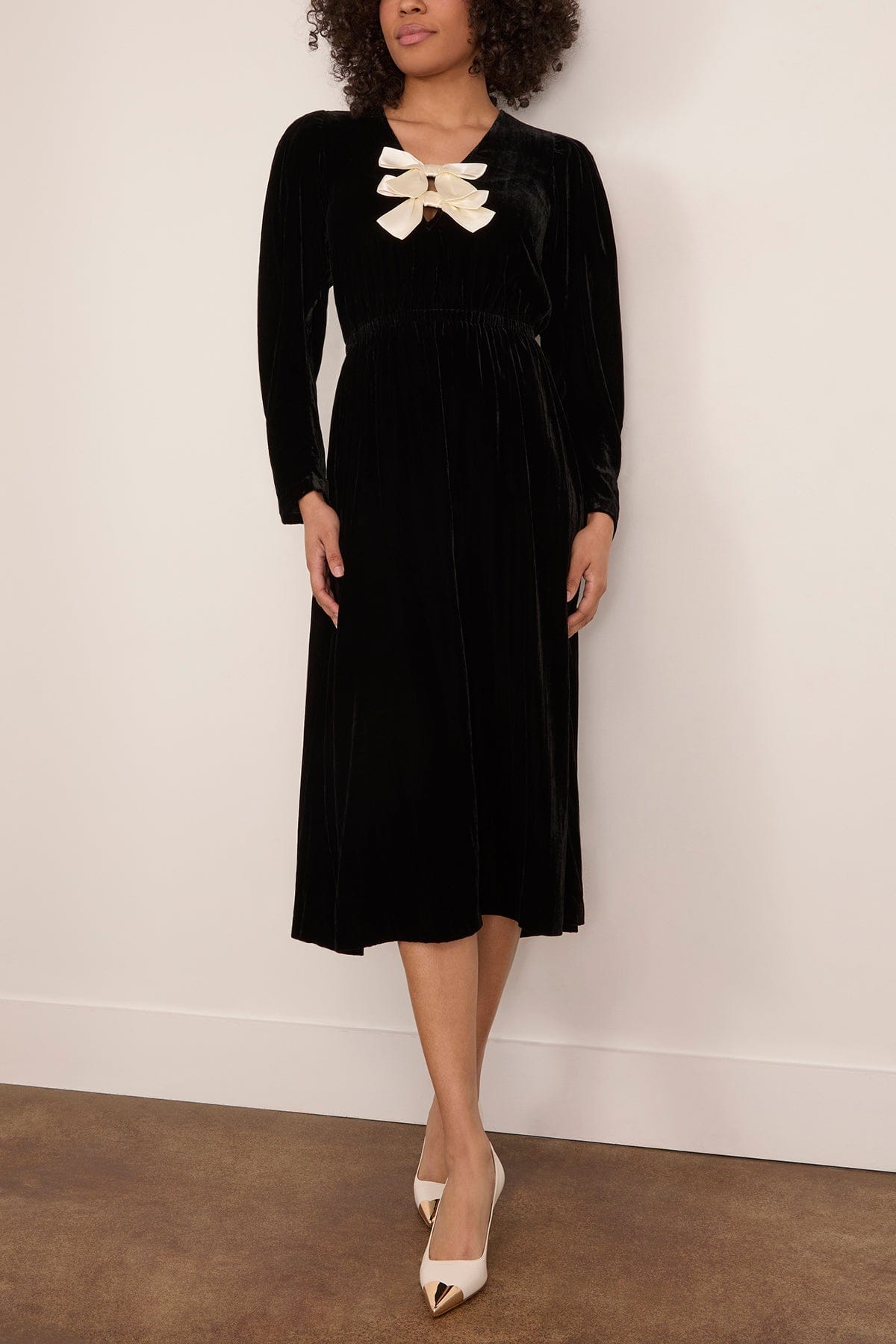 Sea Seraphine Velvet Long Sleeve Midi Dress in Black