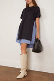 Sacai Poplin x Cotton Jersey Dress in Navy/Blue Stripe