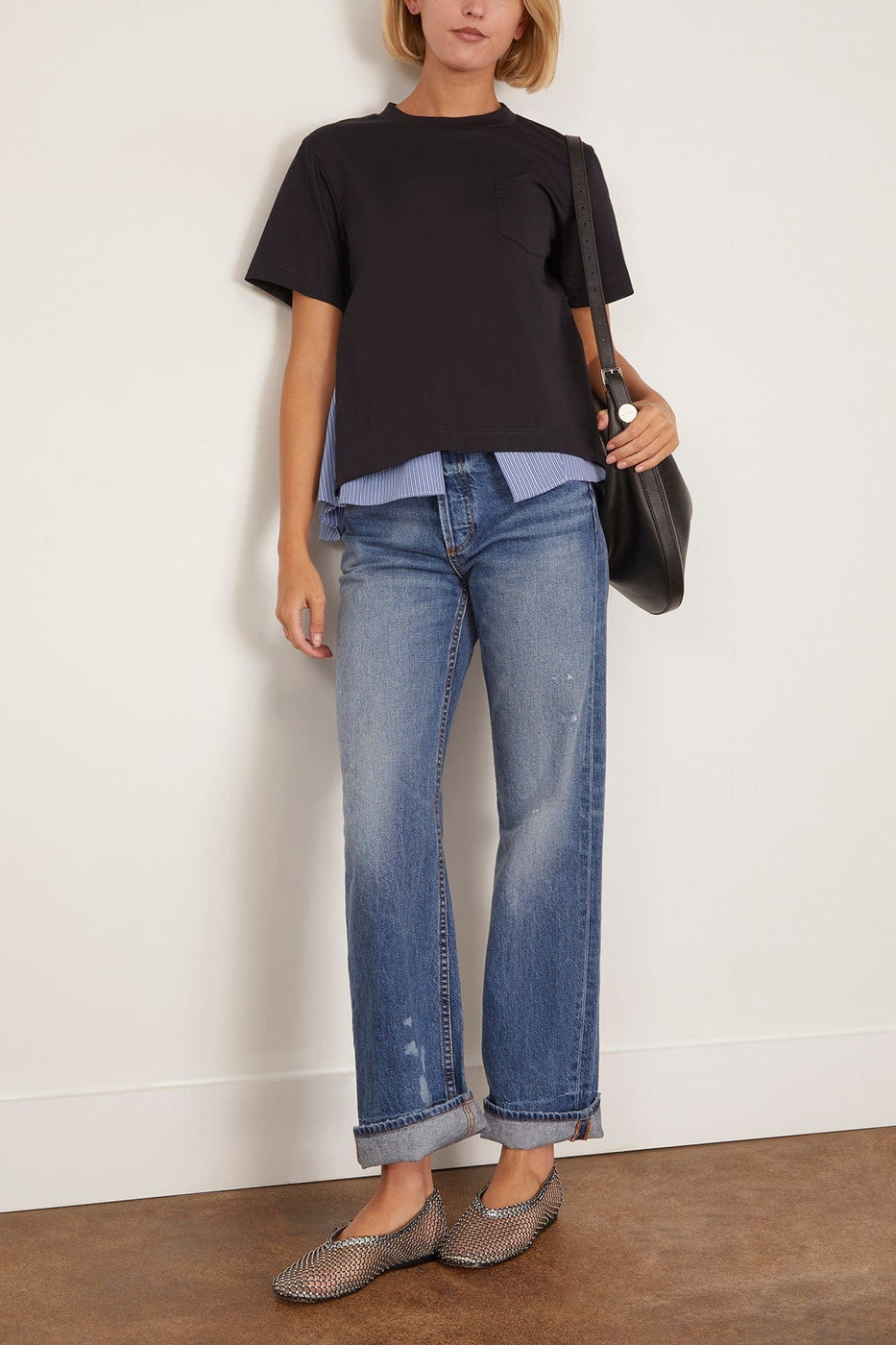 Sacai Poplin x Cotton Jersey T-Shirt in Navy/Blue Stripe