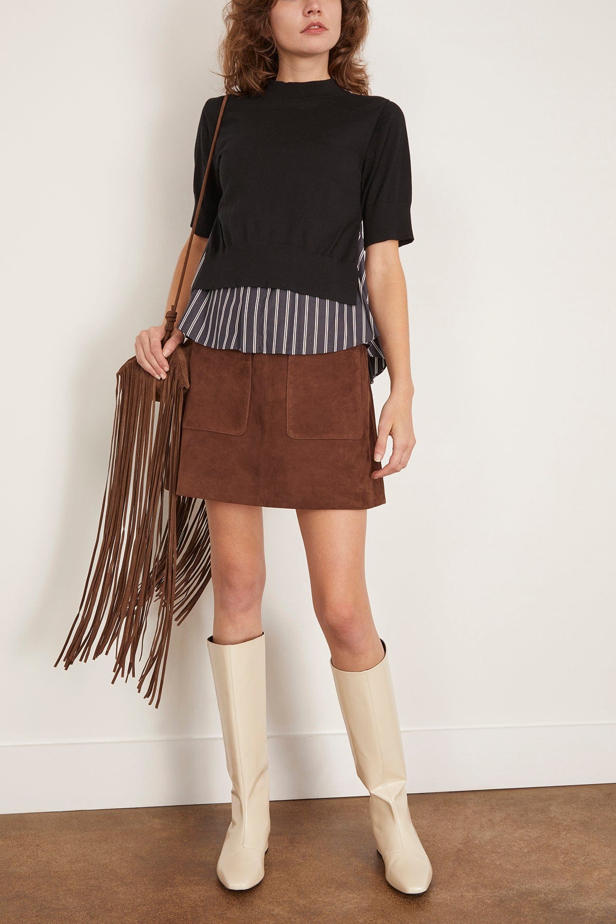 Sacai Poplin x Knit Pullover in Black/Dark Navy Stripe