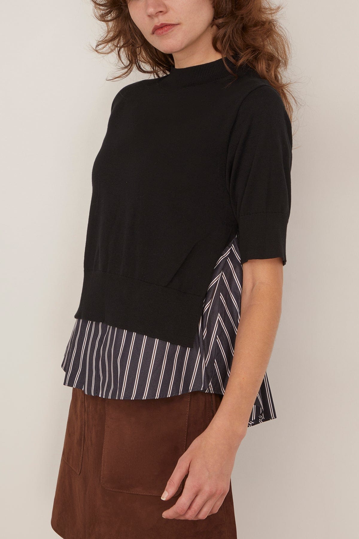 Sacai Poplin x Knit Pullover in Black/Dark Navy Stripe