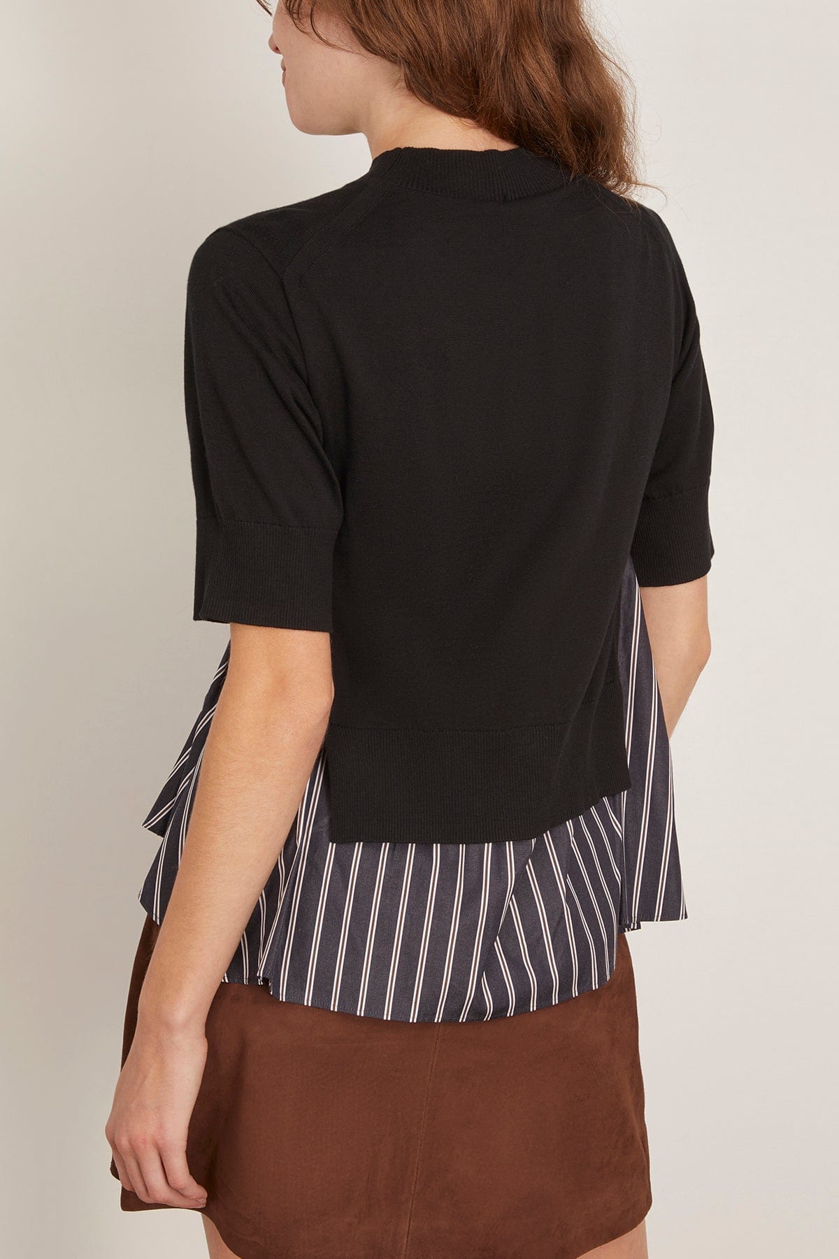 Sacai Poplin x Knit Pullover in Black/Dark Navy Stripe